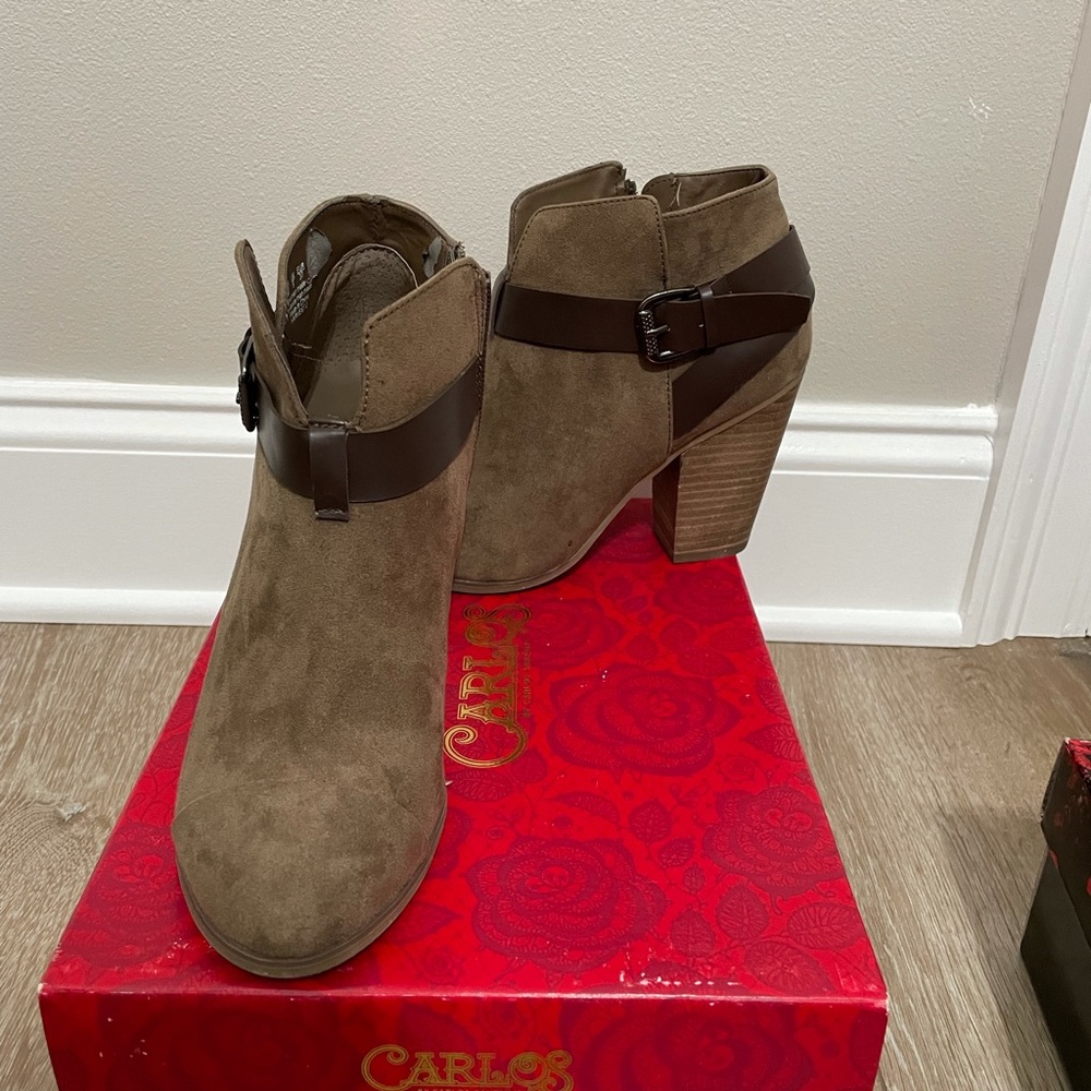 Nude colored suede Carlos Santana booties